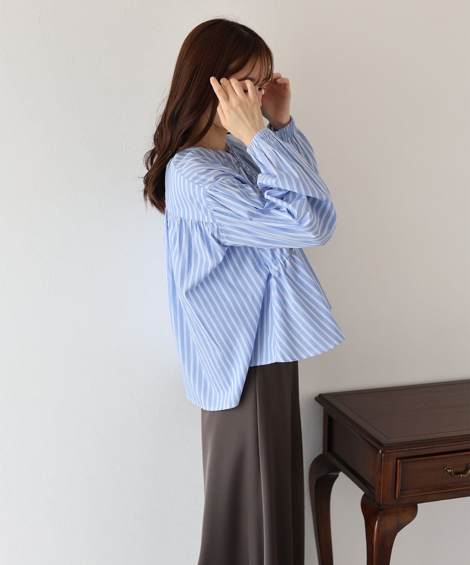 ブルーイースト BLUEEAST ストライプリボンブラウス (ブルー) ブルー