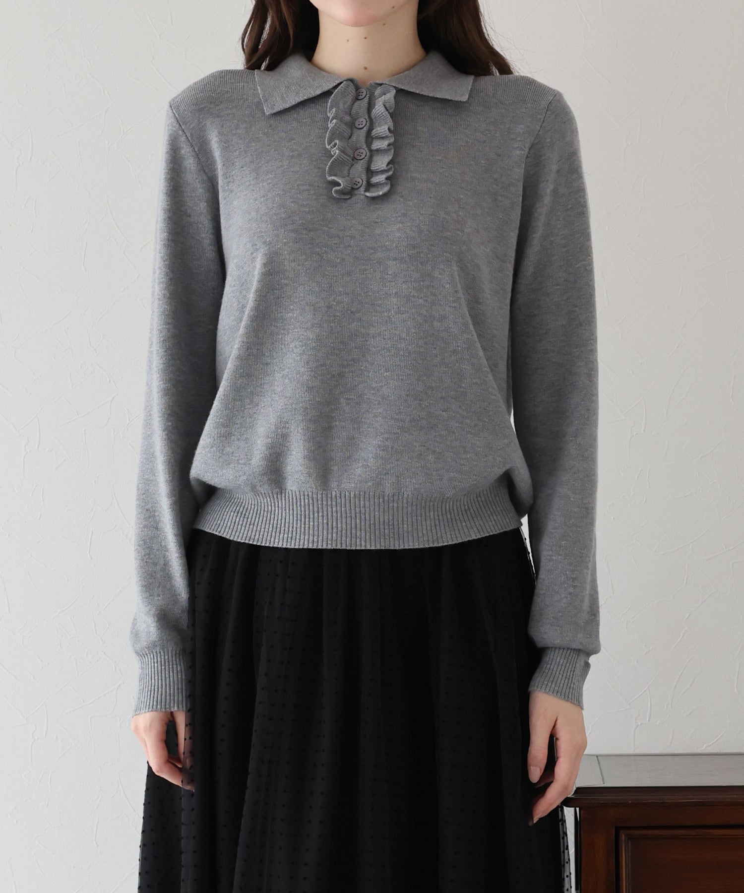 ブルーイースト BLUEEAST ウール混フロントフリルポロニット (アイボリー) アイボリー