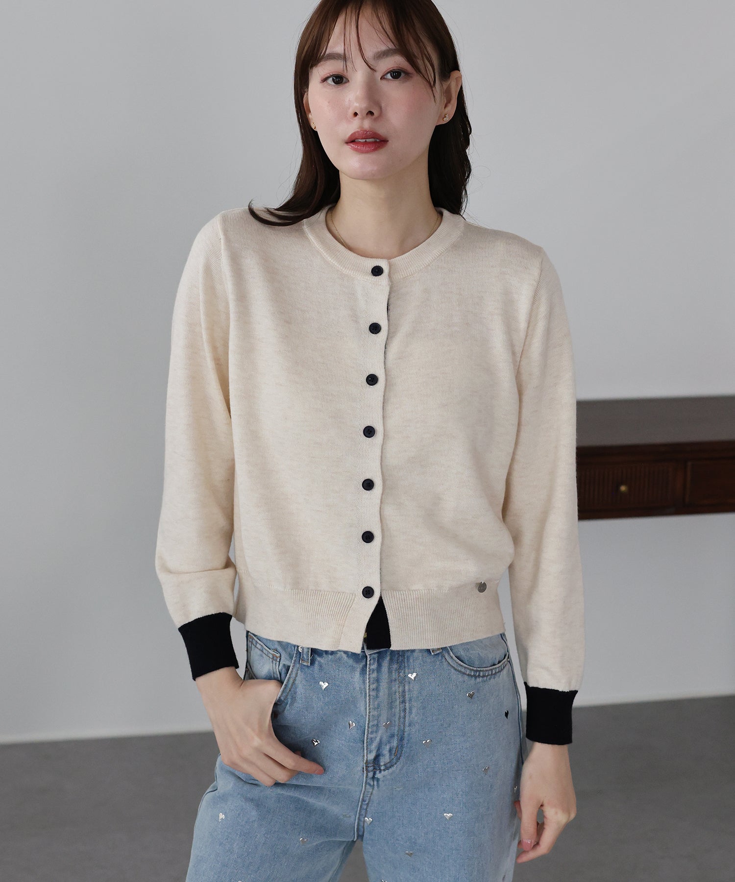 ブルーイースト BLUEEAST バイカラーカーディガン (ネイビー) ネイビー