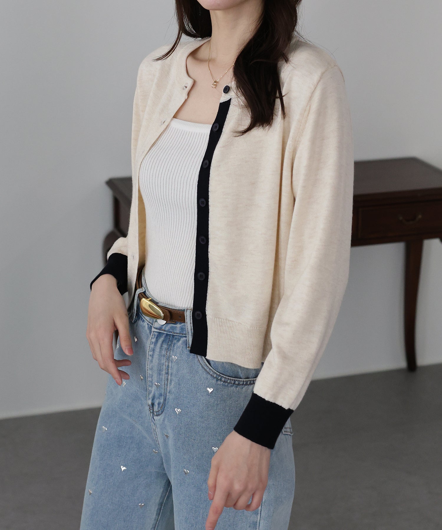 ブルーイースト BLUEEAST バイカラーカーディガン (アイボリー) アイボリー