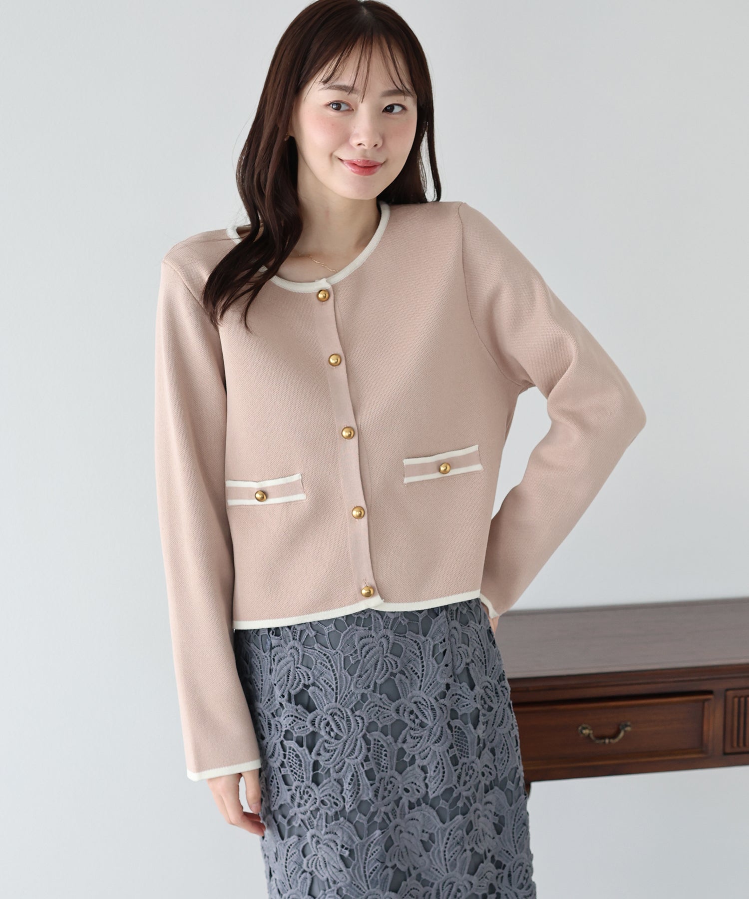 ブルーイースト BLUEEAST バイカラーニットカーディガン (ピンクベージュ) ピンクベージュ