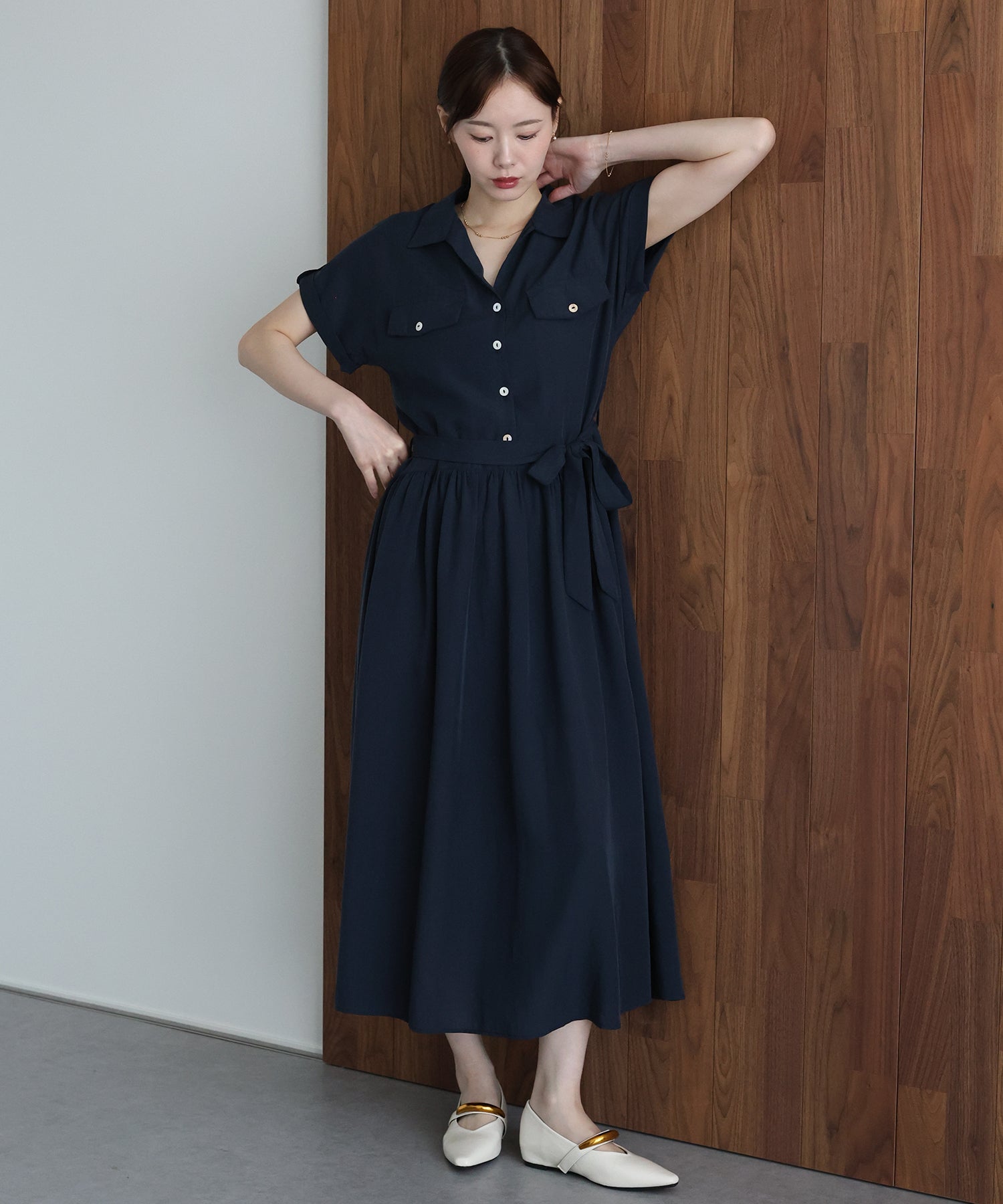 ジェーバイブルー J by blue スキッパーネックシャツワンピース (ネイビー) ネイビー