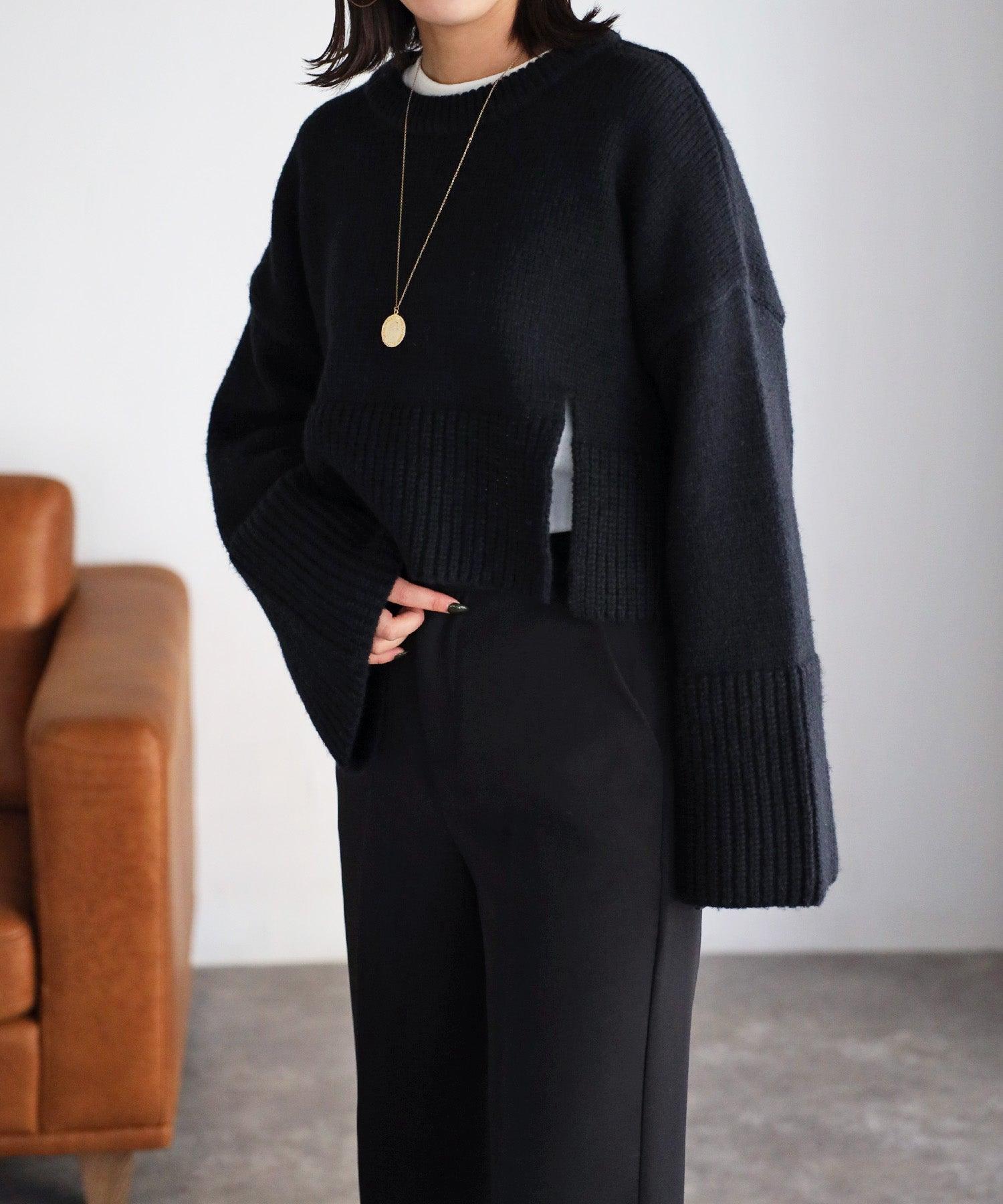 ボンジュールサガン BONJOUR SAGAN フレアスリーブ裾スリットニット (black) black