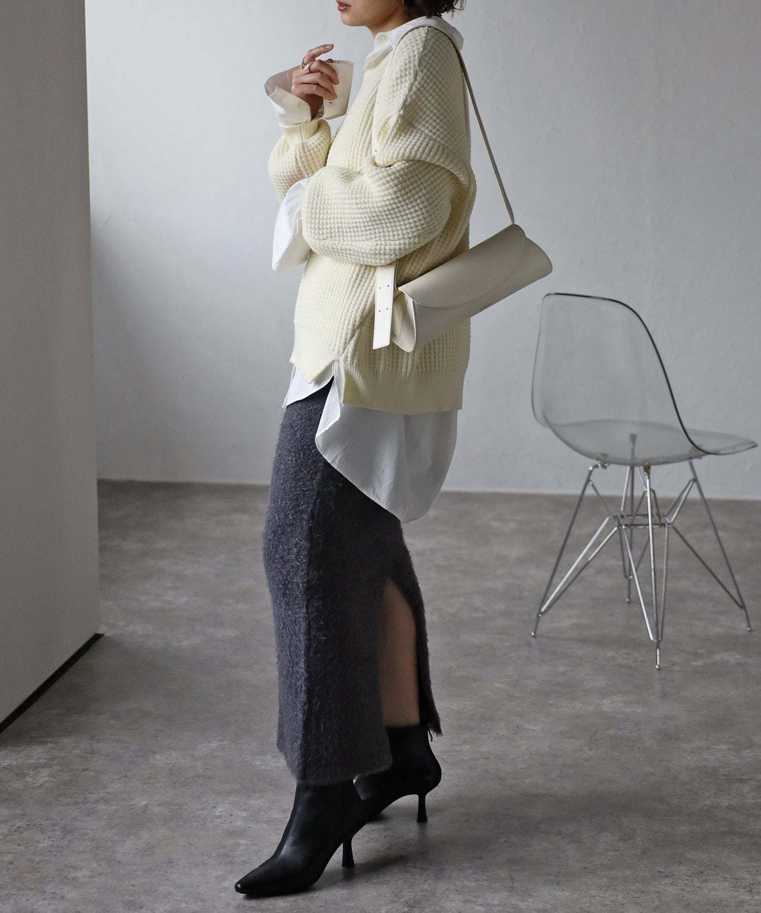 ボンジュールサガン BONJOUR SAGAN 【セットアップ対応商品】シャギーロングスカート (CHARCOAL-GRAY) CHARCOAL-GRAY