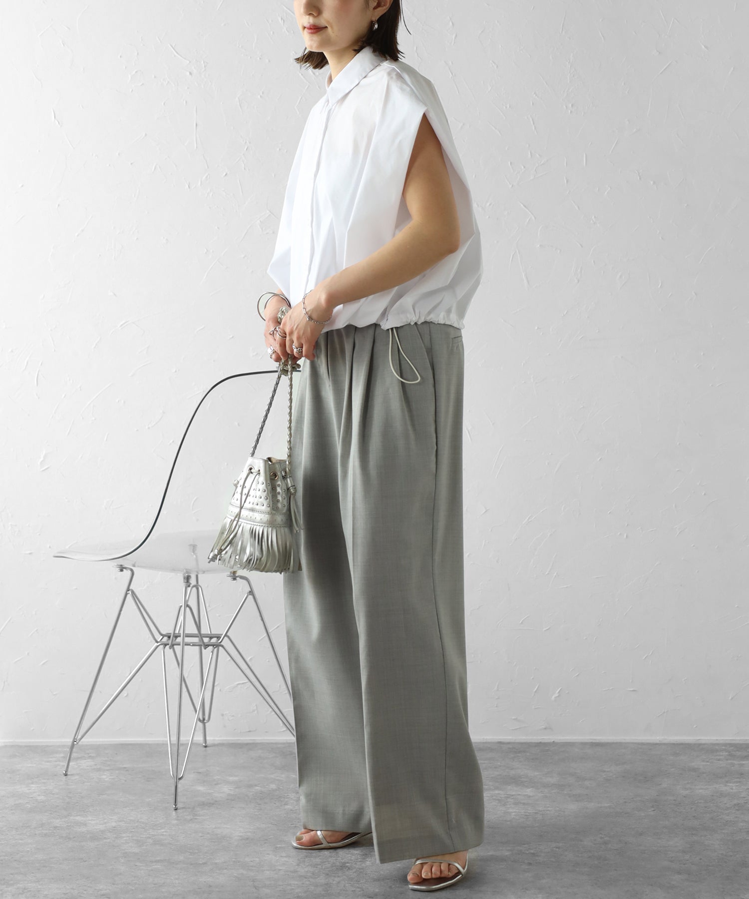 ボンジュールサガン BONJOUR SAGAN 裾ドロストタックスリーブシャツ