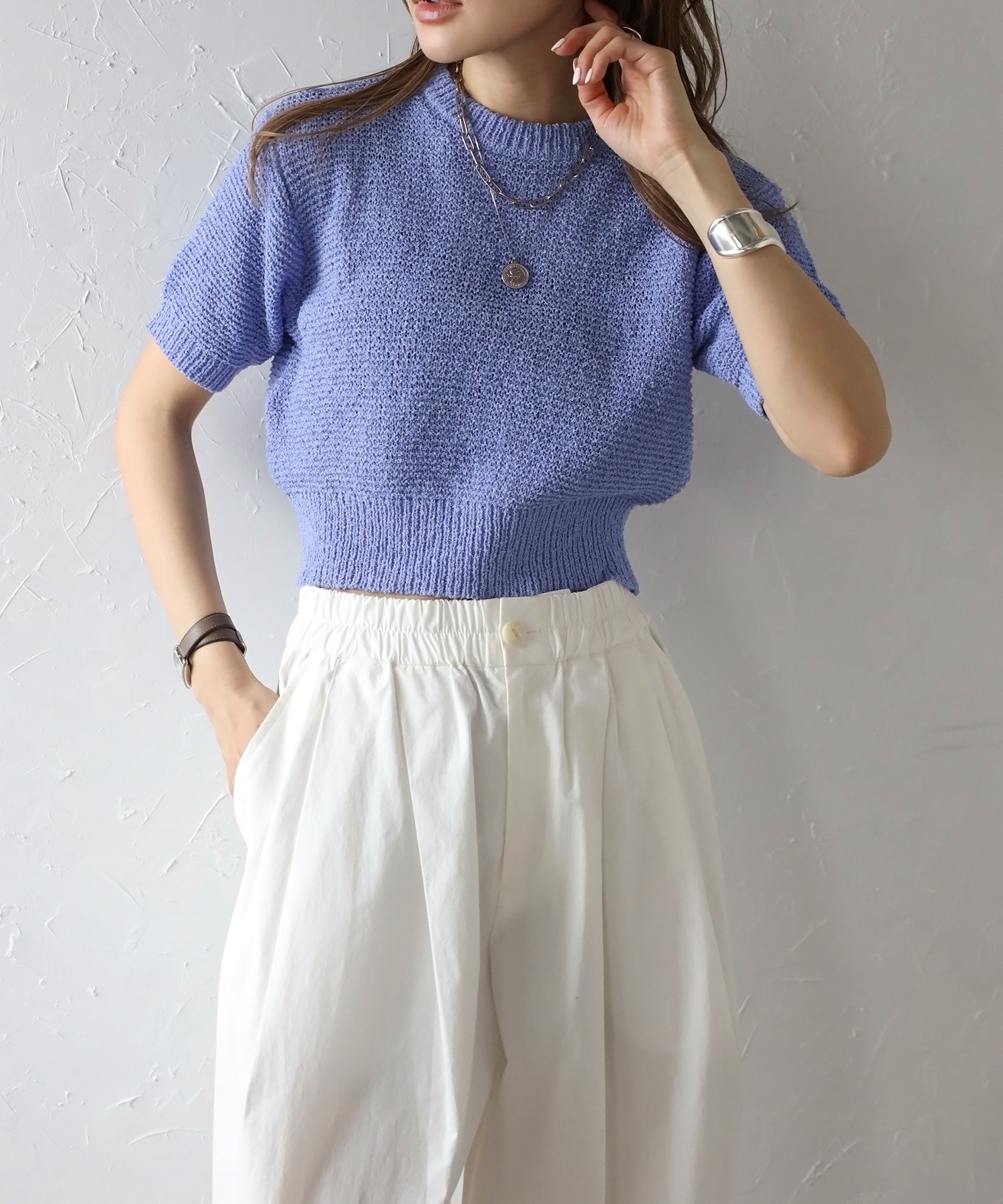 ボンジュールサガン BONJOUR SAGAN ショート丈ブークレニットプルオーバー (BLUE-LAVENDER) BLUE-LAVENDER