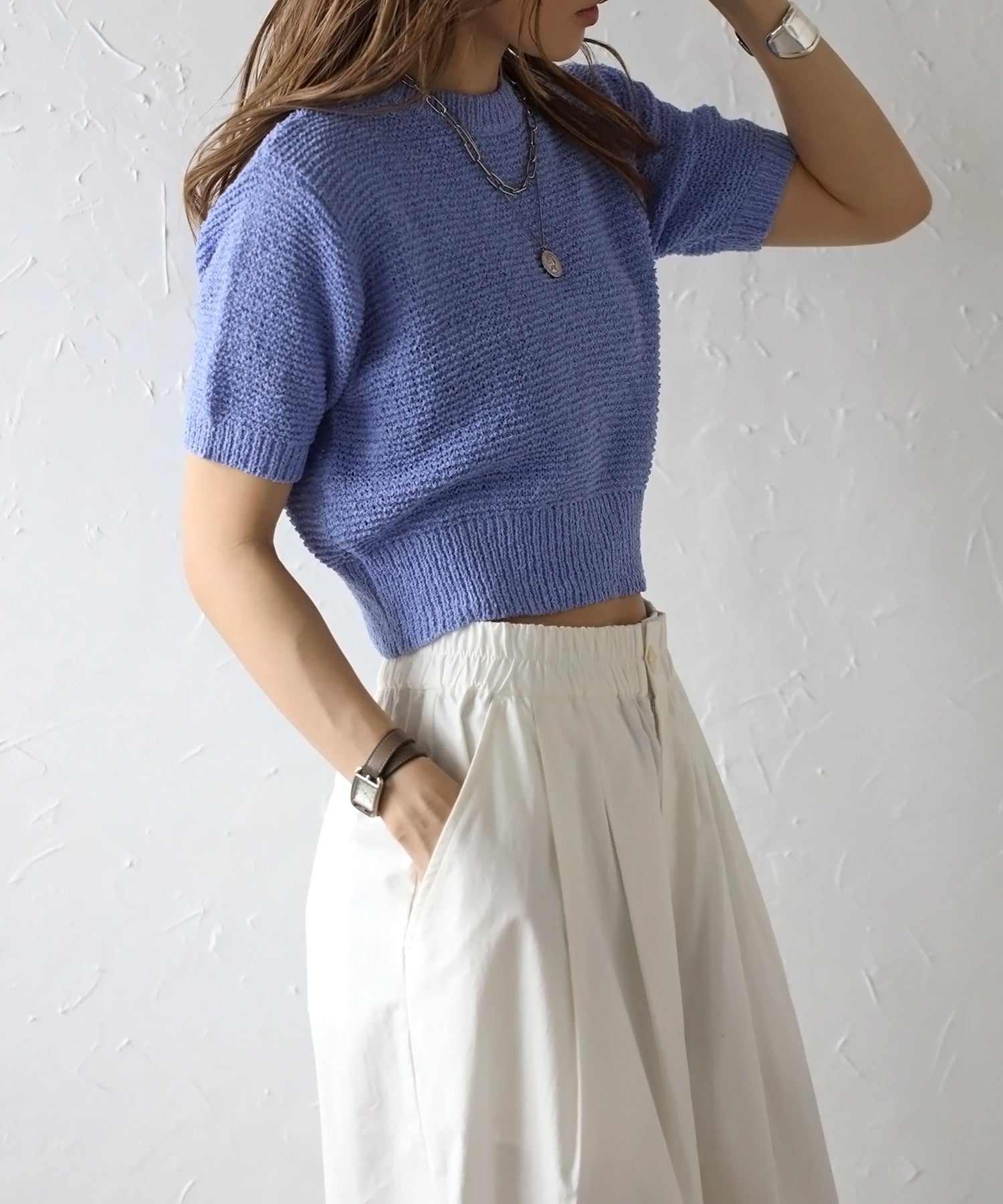 ボンジュールサガン BONJOUR SAGAN ショート丈ブークレニットプルオーバー (BLUE-LAVENDER) BLUE-LAVENDER