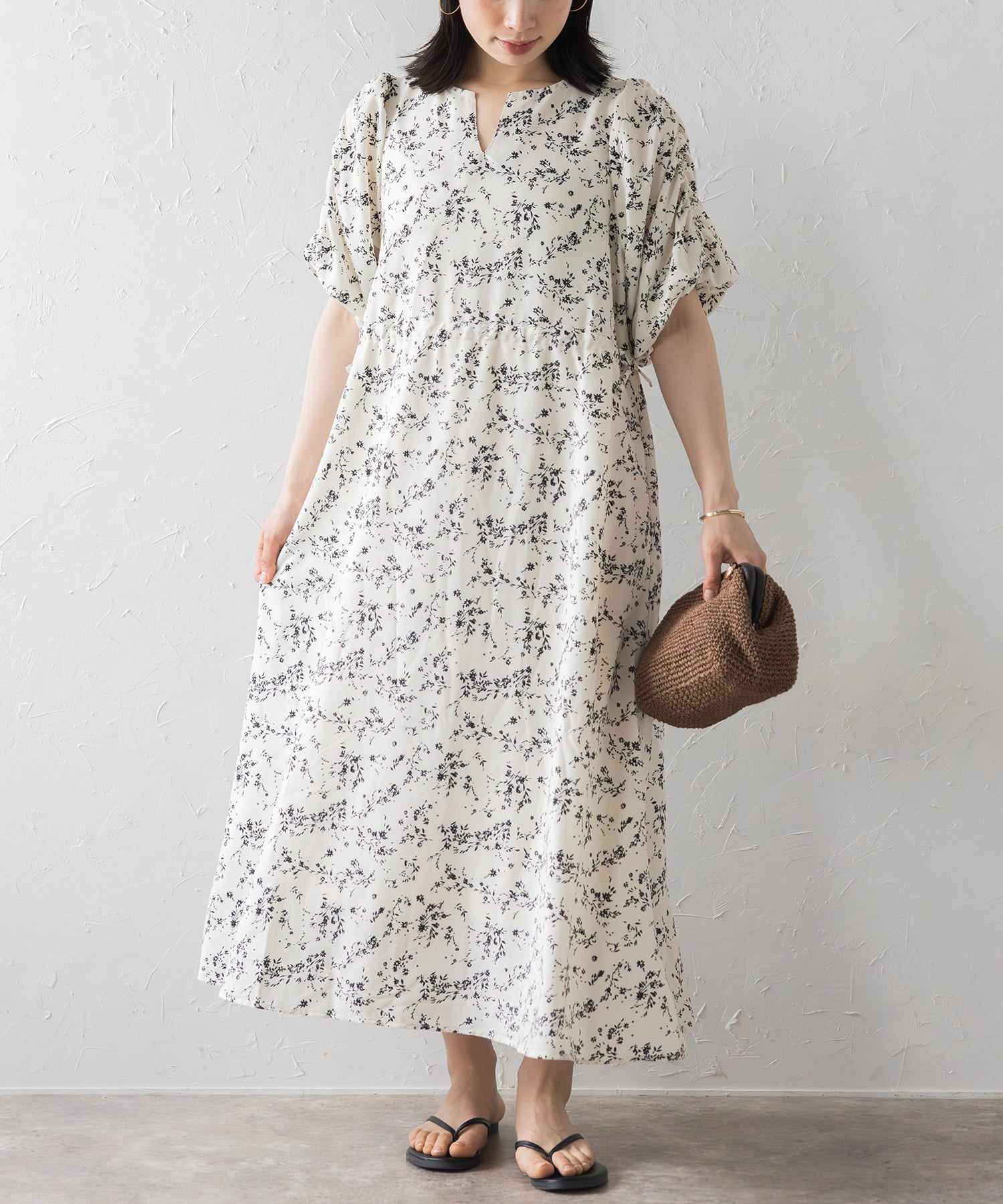 ボンジュールサガン BONJOUR SAGAN ウエストドロストリボン花柄ワンピース