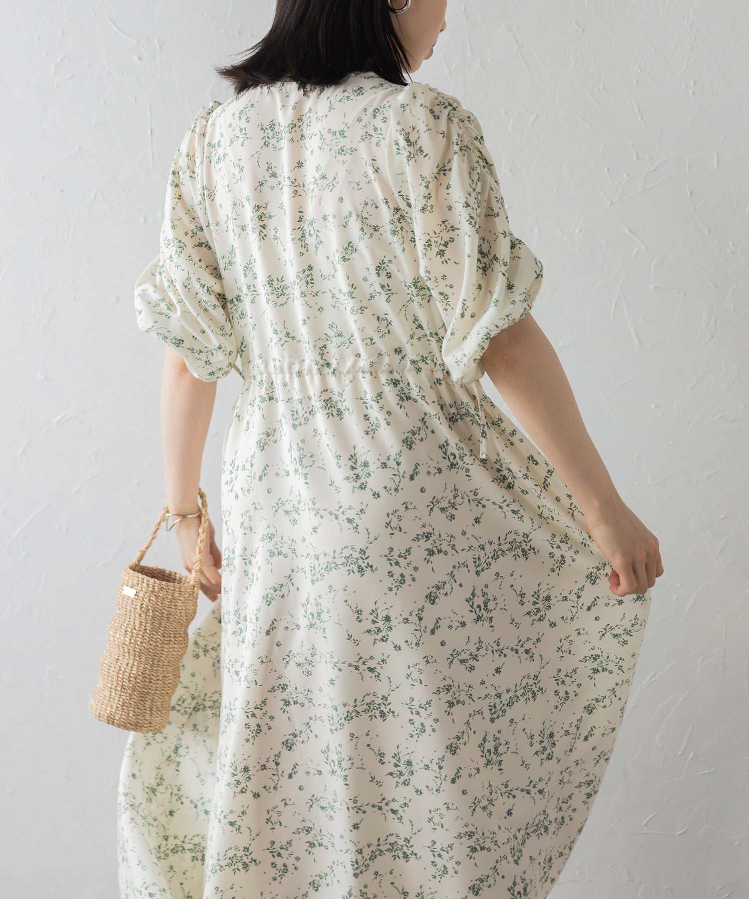 ボンジュールサガン BONJOUR SAGAN ウエストドロストリボン花柄ワンピース