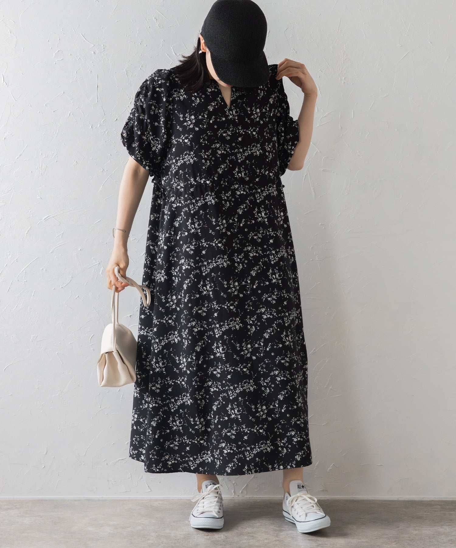 ボンジュールサガン BONJOUR SAGAN ウエストドロストリボン花柄ワンピース