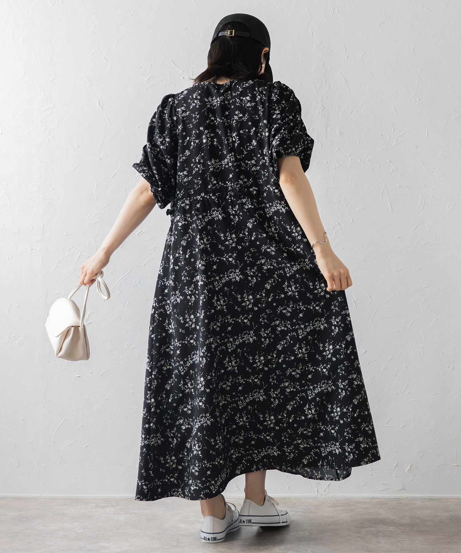 ボンジュールサガン BONJOUR SAGAN ウエストドロストリボン花柄ワンピース