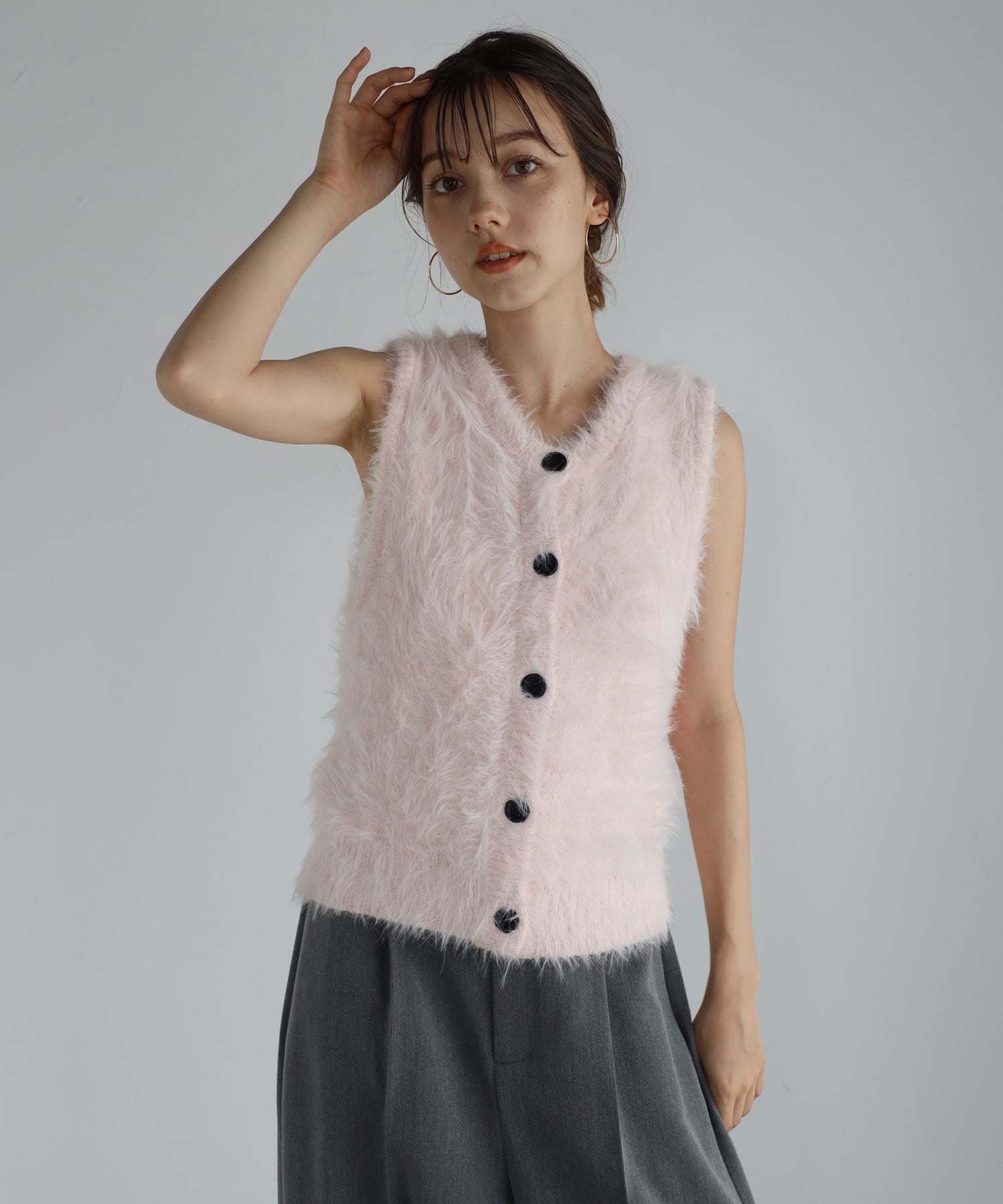 ボンジュールサガン BONJOUR SAGAN 2way feather yarn vest / 前後2WAYフェザーヤーンベスト (LIGHT-PINK) LIGHT-PINK