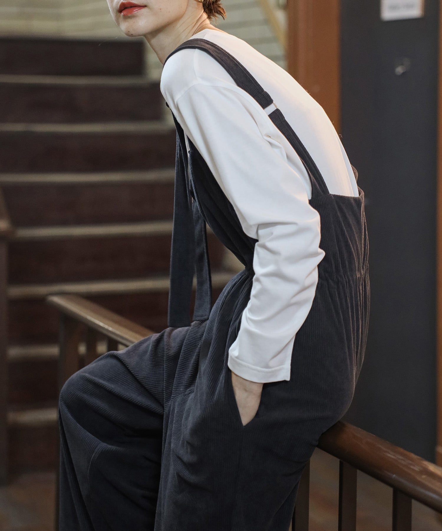 ボンジュールサガン BONJOUR SAGAN フロントジップコーデュロイオールインワン