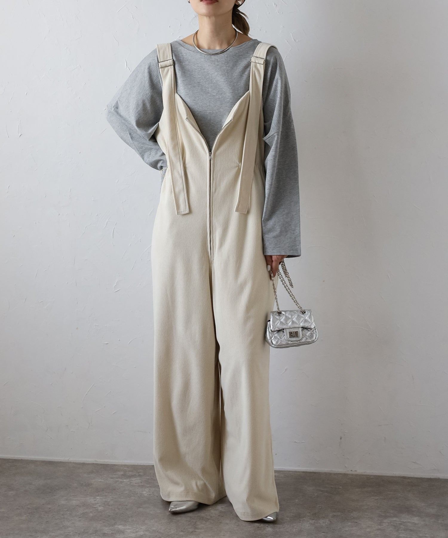 ボンジュールサガン BONJOUR SAGAN フロントジップコーデュロイオールインワン