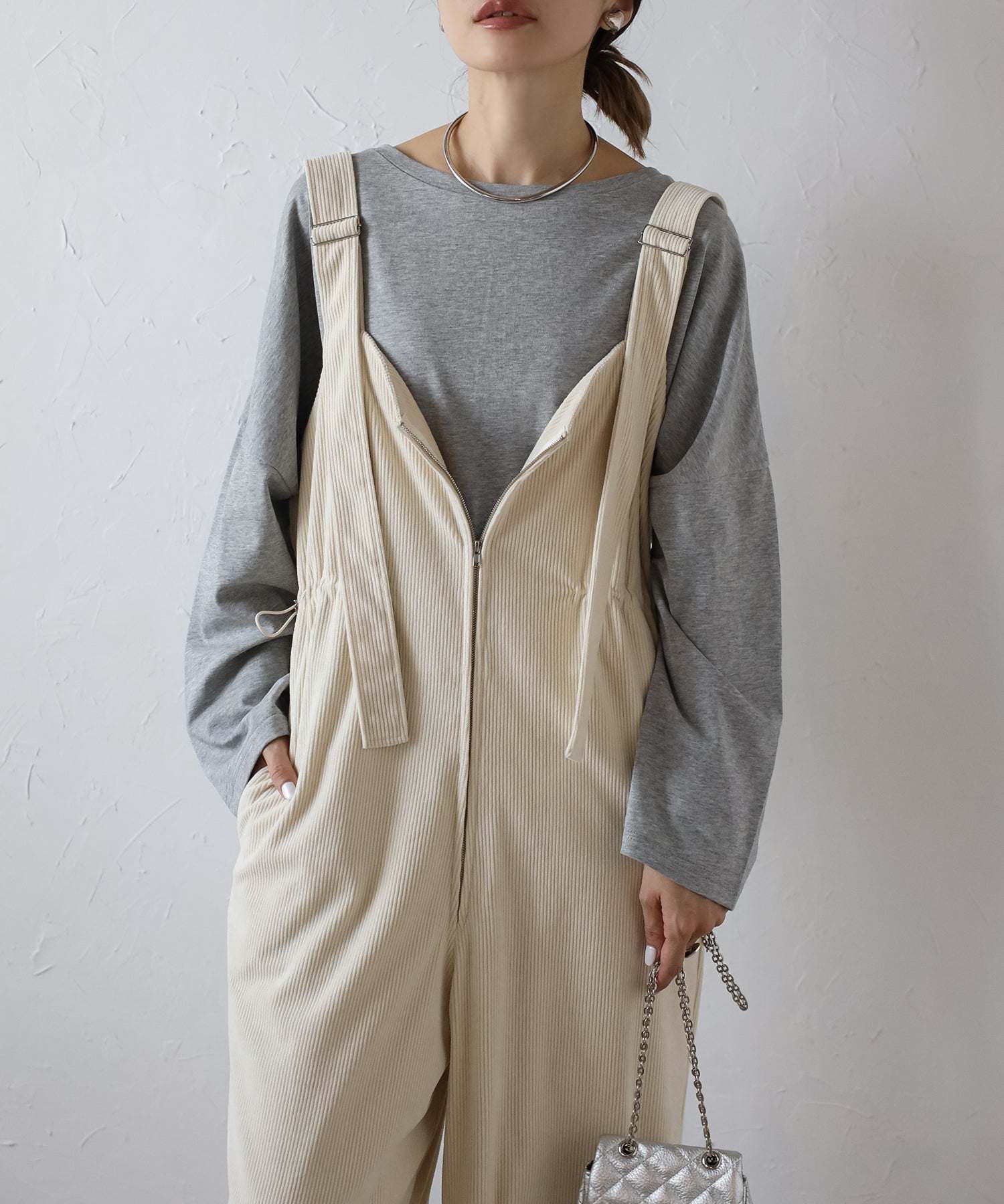 ボンジュールサガン BONJOUR SAGAN フロントジップコーデュロイオールインワン