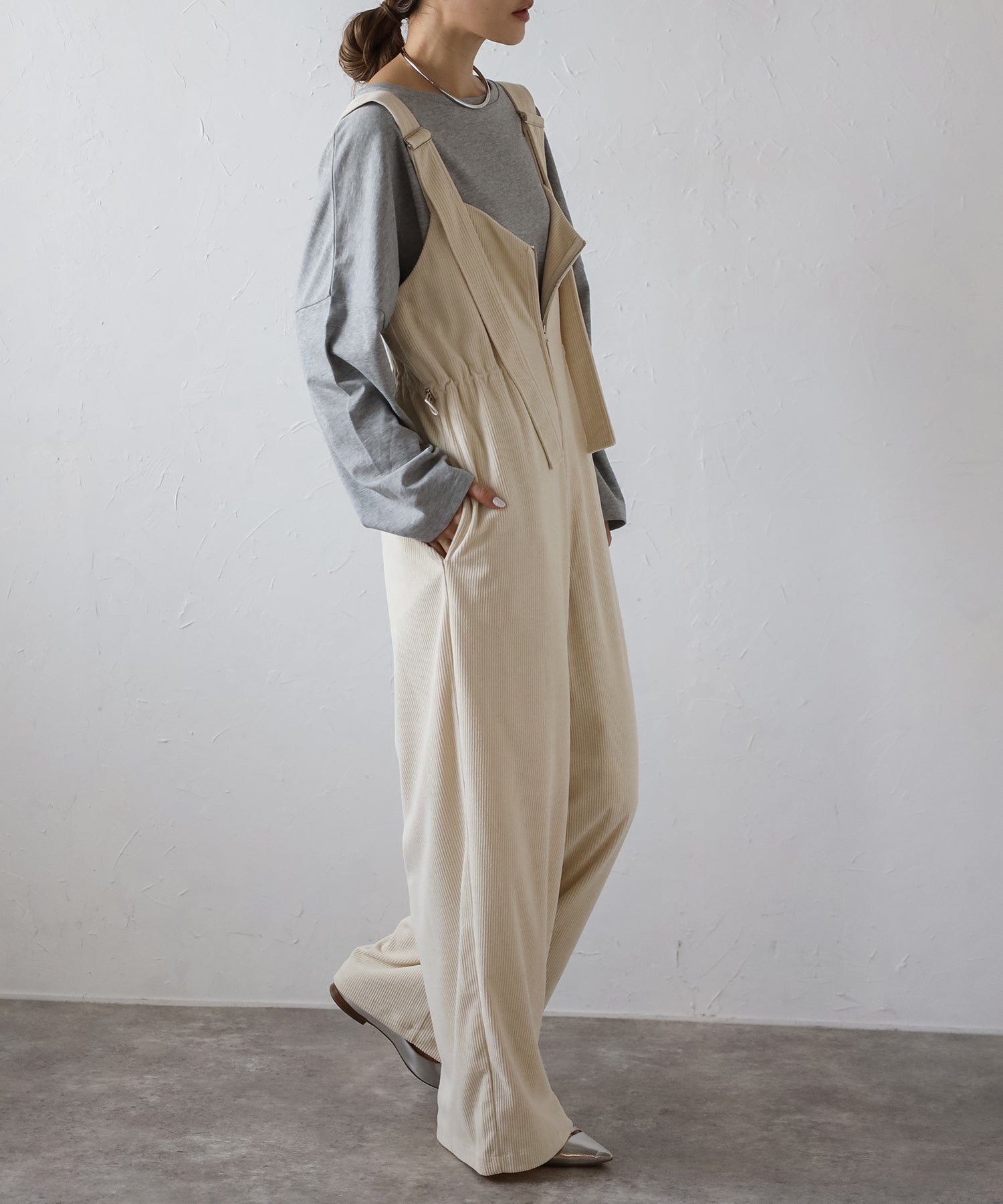 ボンジュールサガン BONJOUR SAGAN フロントジップコーデュロイオールインワン