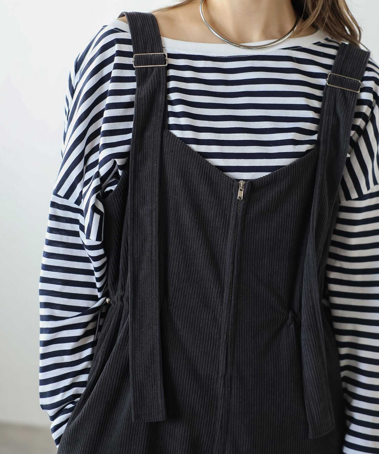 ボンジュールサガン BONJOUR SAGAN フロントジップコーデュロイオールインワン