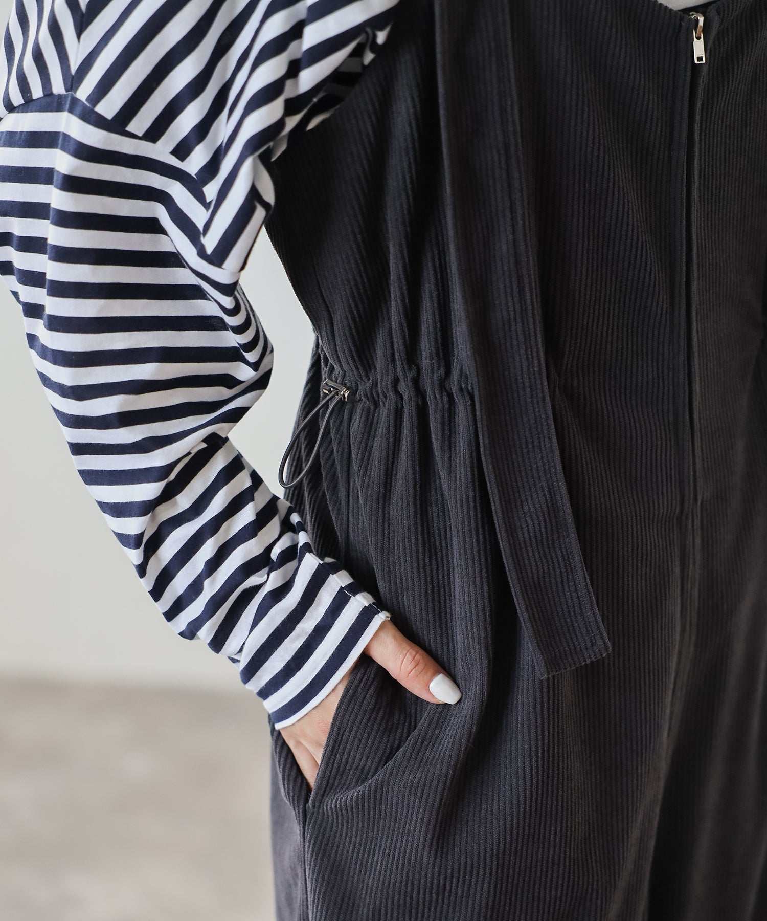 ボンジュールサガン BONJOUR SAGAN フロントジップコーデュロイオールインワン