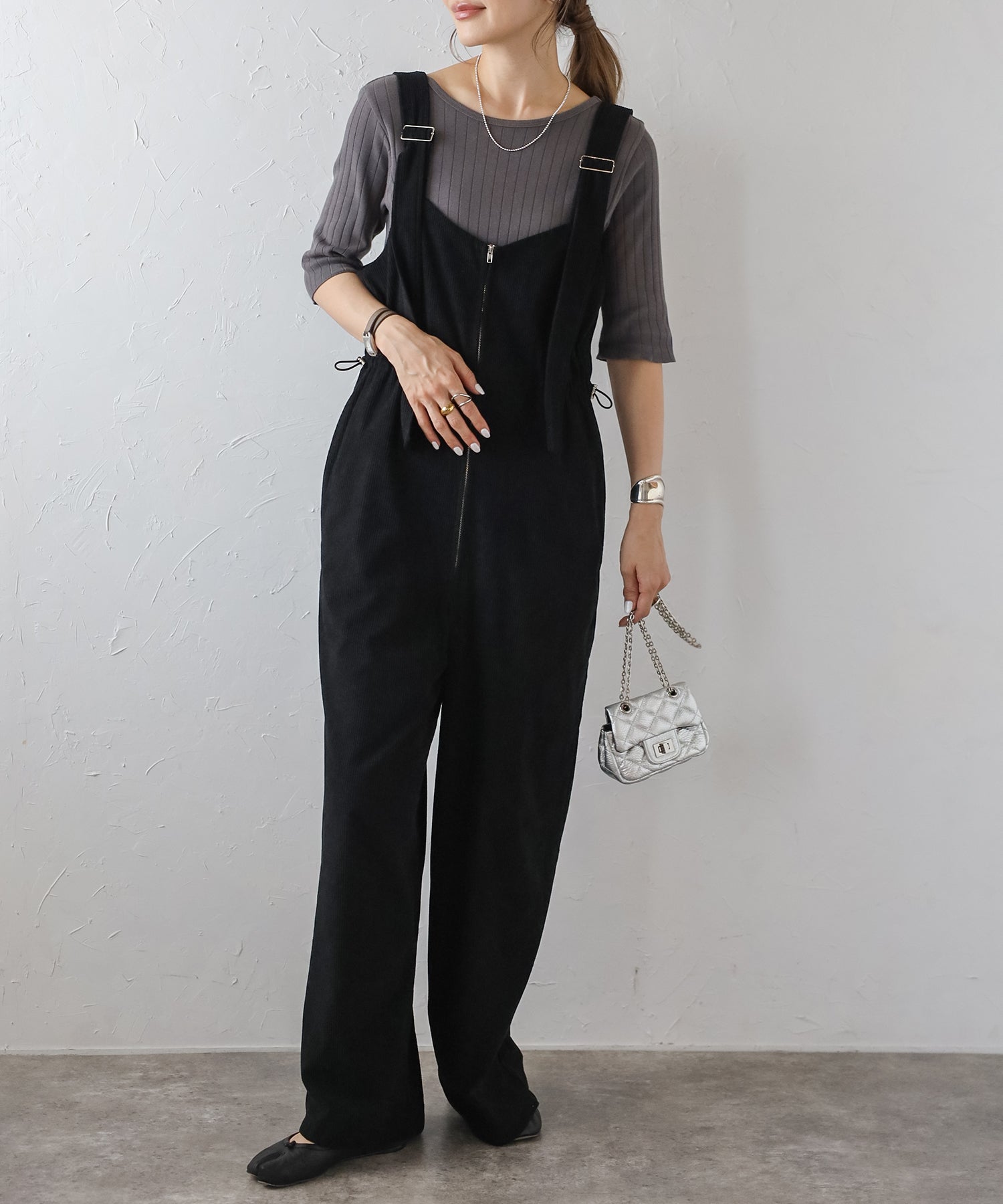 ボンジュールサガン BONJOUR SAGAN フロントジップコーデュロイオールインワン