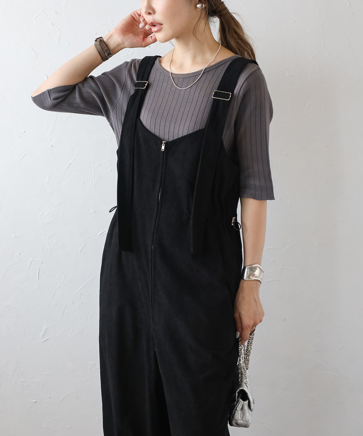 ボンジュールサガン BONJOUR SAGAN フロントジップコーデュロイオールインワン