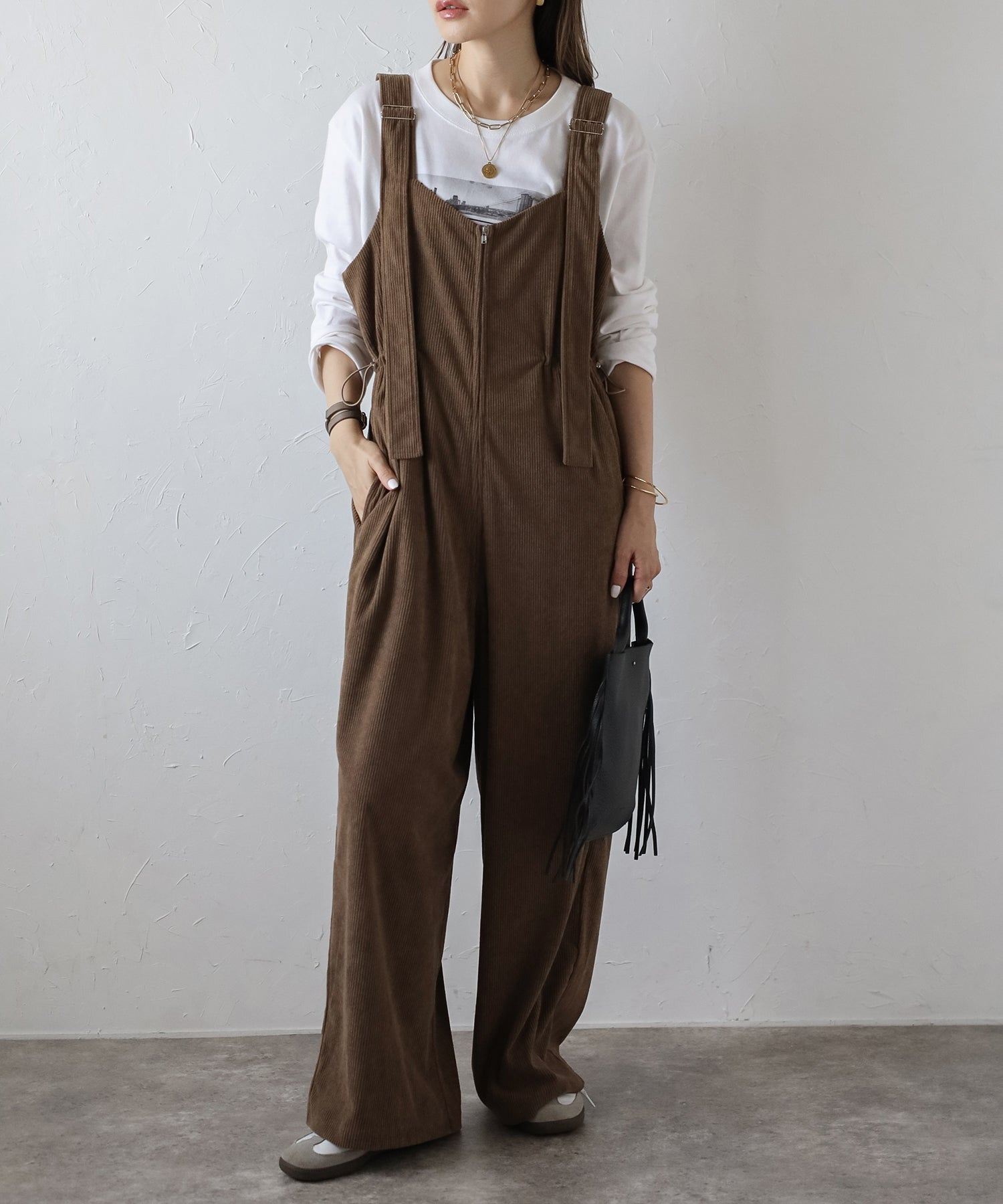 ボンジュールサガン BONJOUR SAGAN フロントジップコーデュロイオールインワン