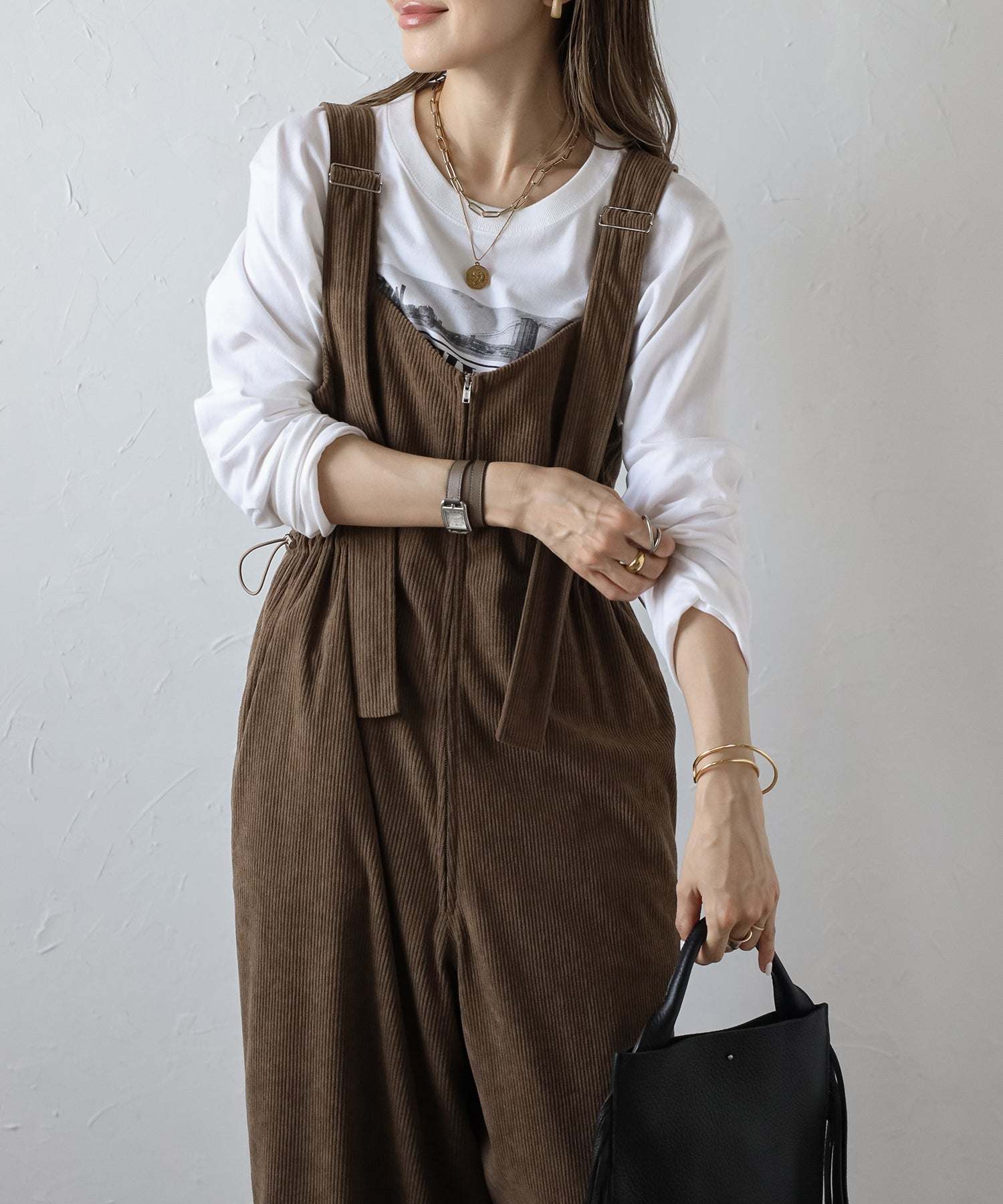 ボンジュールサガン BONJOUR SAGAN フロントジップコーデュロイオールインワン