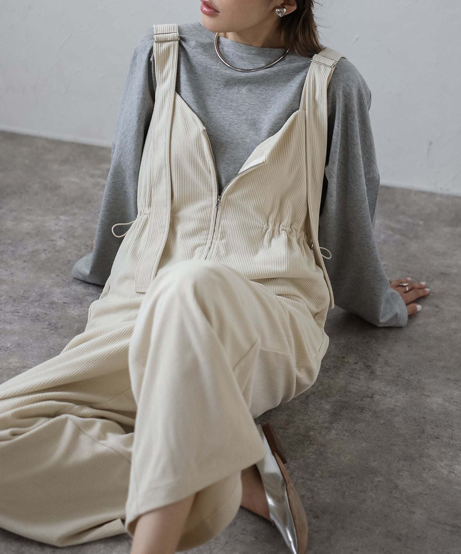 ボンジュールサガン BONJOUR SAGAN フロントジップコーデュロイオールインワン,IVORY