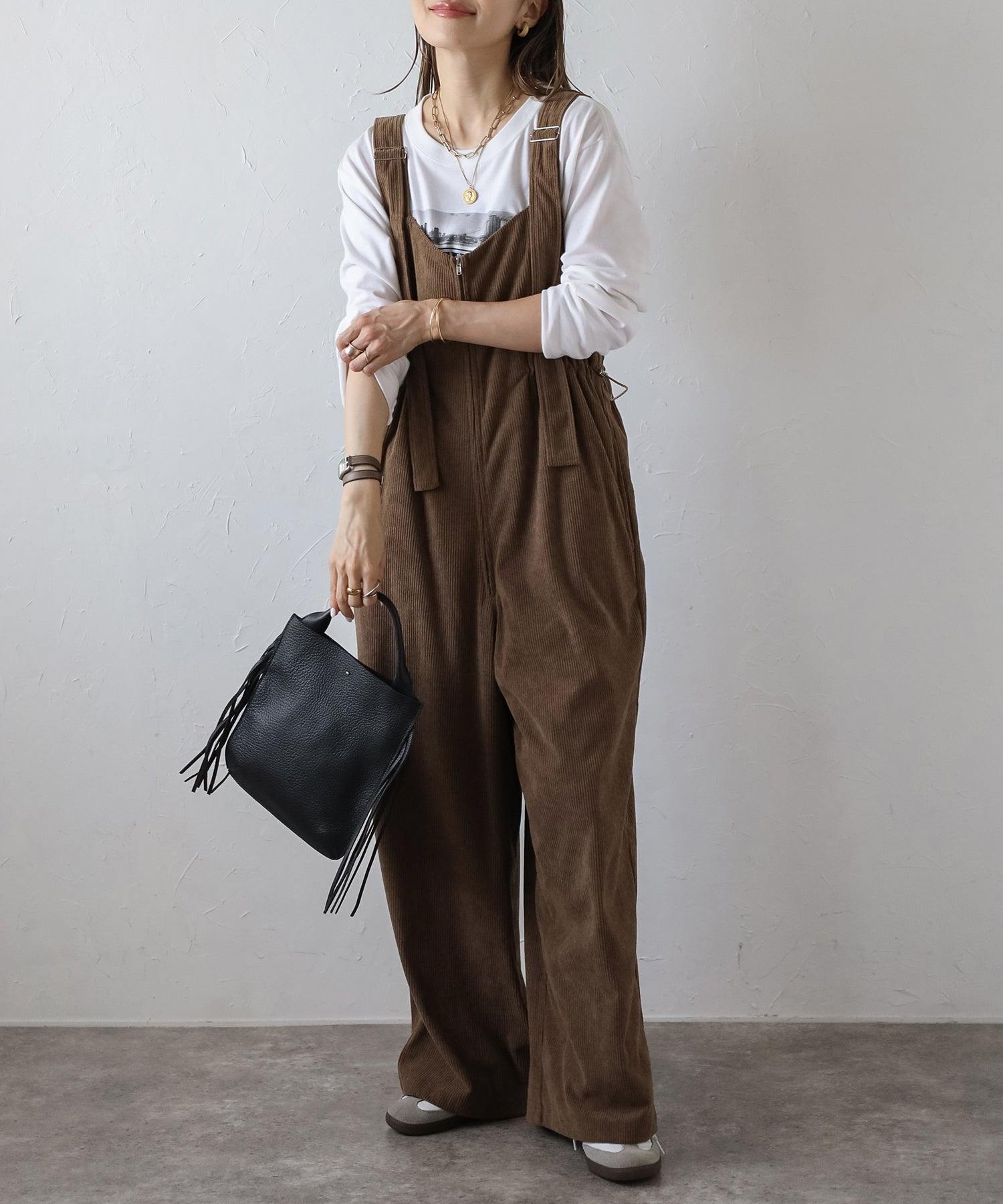 ボンジュールサガン BONJOUR SAGAN フロントジップコーデュロイオールインワン,BROWN