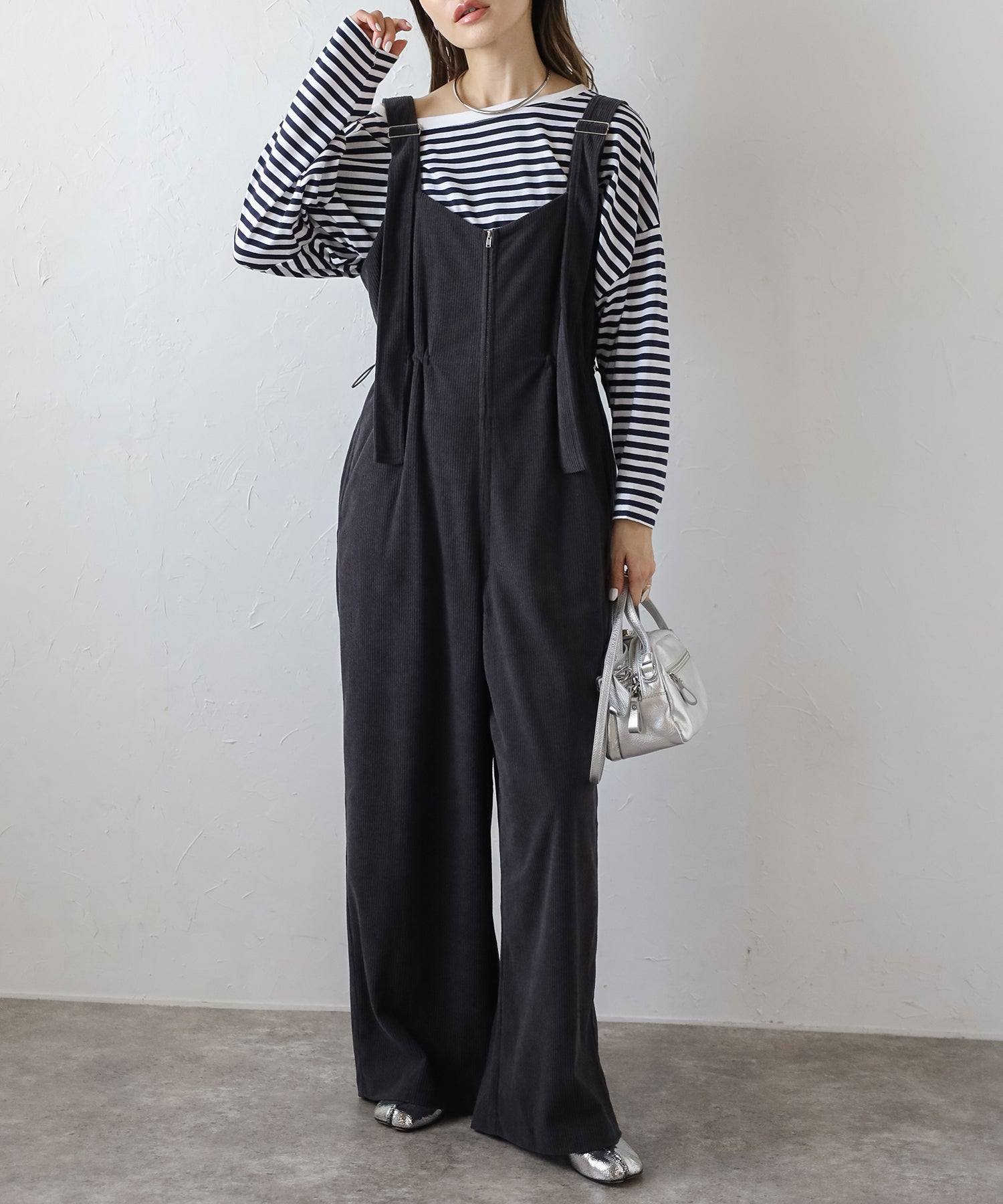 ボンジュールサガン BONJOUR SAGAN フロントジップコーデュロイオールインワン,LIGHT-BLACK