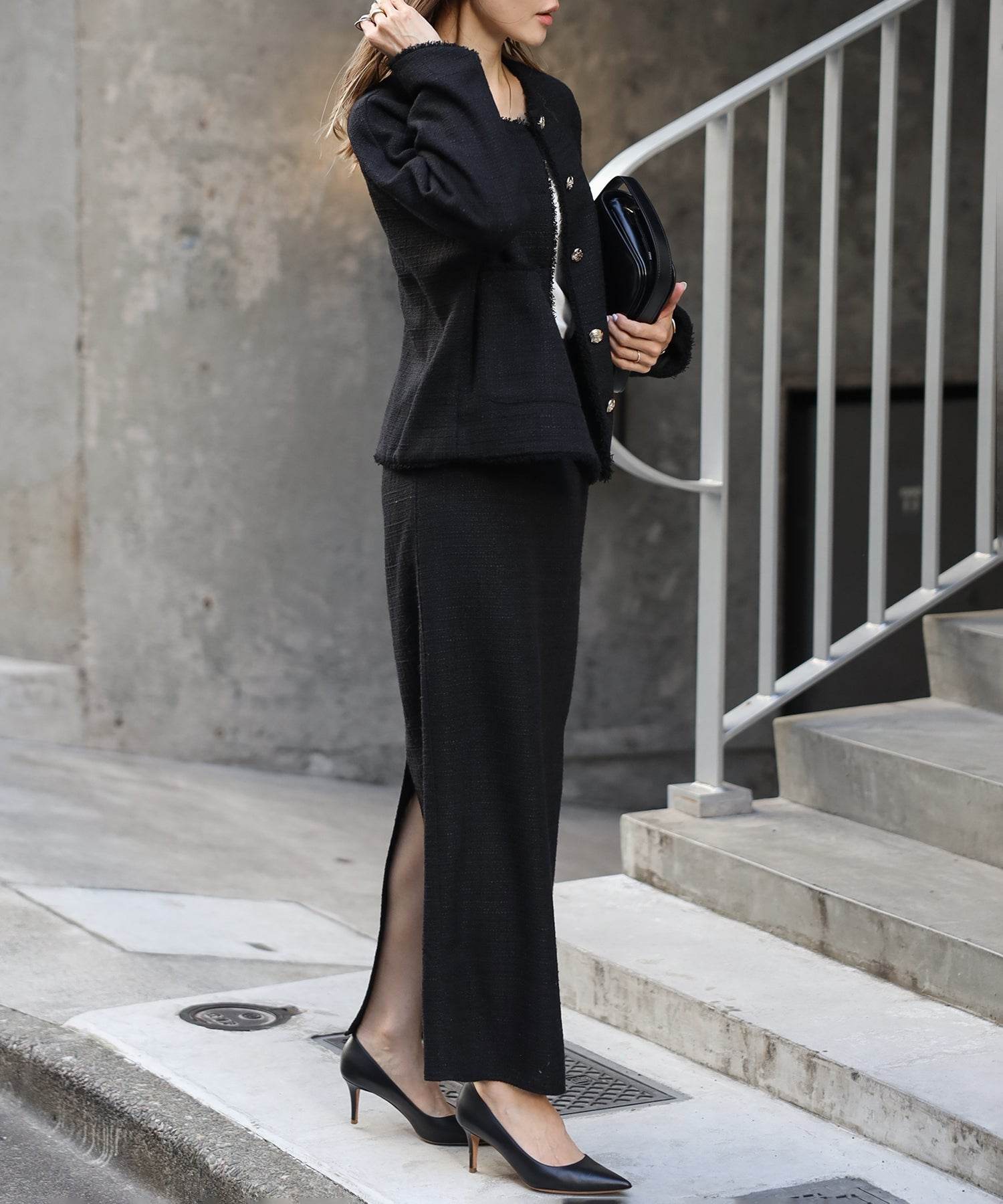 ボンジュールサガン BONJOUR SAGAN ツイードIラインバックスリットスカート (BLACK) BLACK