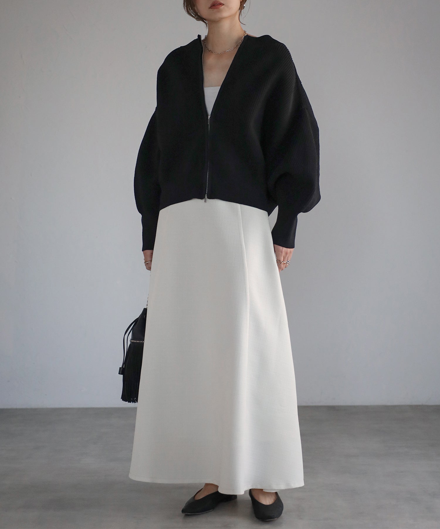 ボンジュールサガン BONJOUR SAGAN ライトツイードフレアロングスカート (IVORY) IVORY