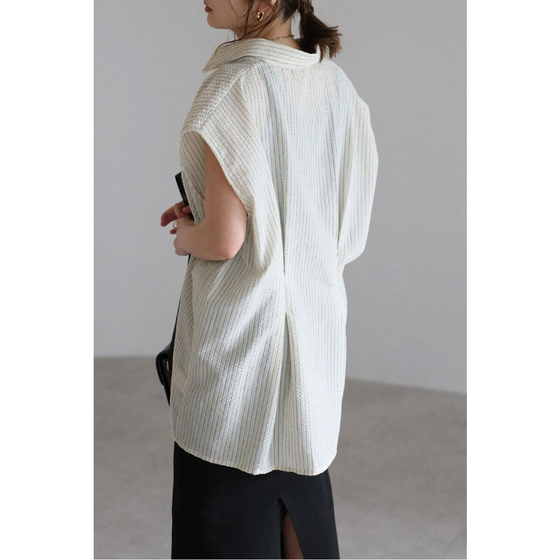 ボンジュールサガン BONJOUR SAGAN ウエストタックストライプフレンチスリーブシャツ (LIGHT-BLUE) LIGHT-BLUE