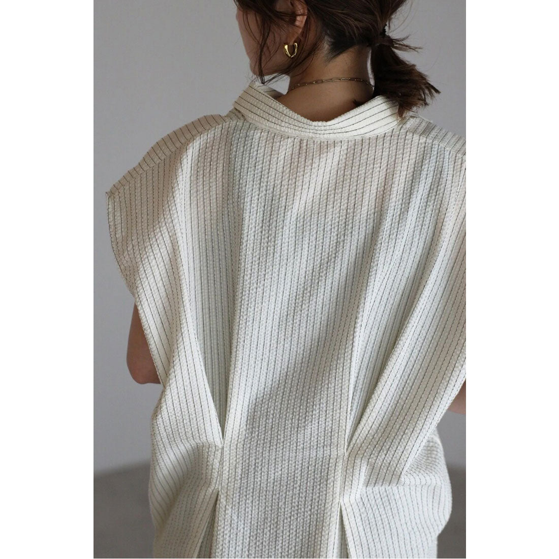 ボンジュールサガン BONJOUR SAGAN ウエストタックストライプフレンチスリーブシャツ (LIGHT-BLUE) LIGHT-BLUE