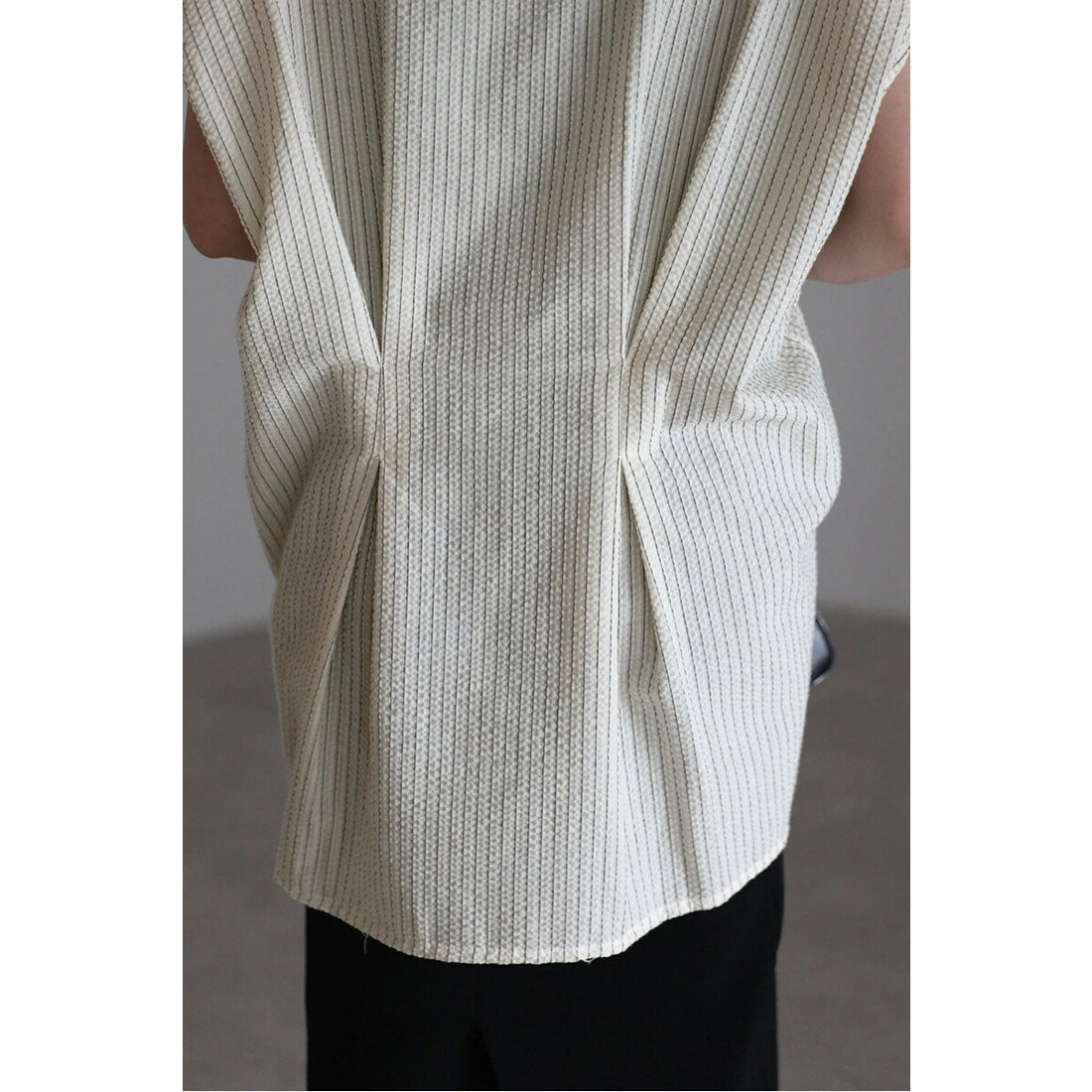 ボンジュールサガン BONJOUR SAGAN ウエストタックストライプフレンチスリーブシャツ (LIGHT-BLUE) LIGHT-BLUE