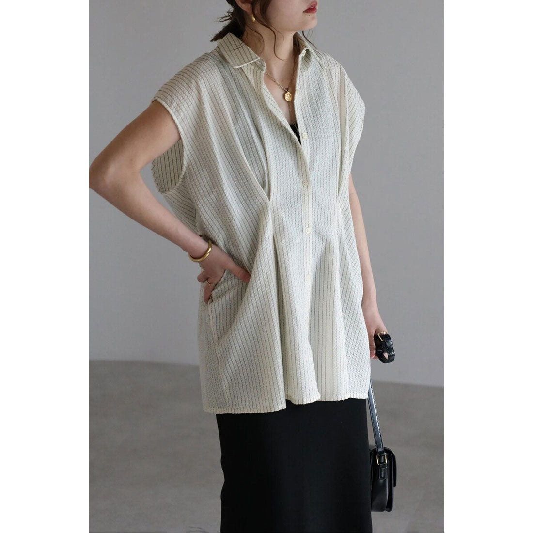 ボンジュールサガン BONJOUR SAGAN ウエストタックストライプフレンチスリーブシャツ (IVORY) IVORY