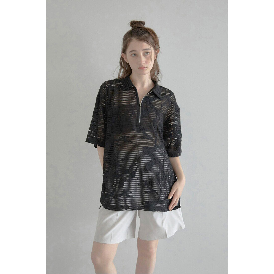 ボンジュールサガン BONJOUR SAGAN flower embroidery half zip mesh shirt / フラワー刺繍ハーフジップメッシュシャツ (BLACK) BLACK
