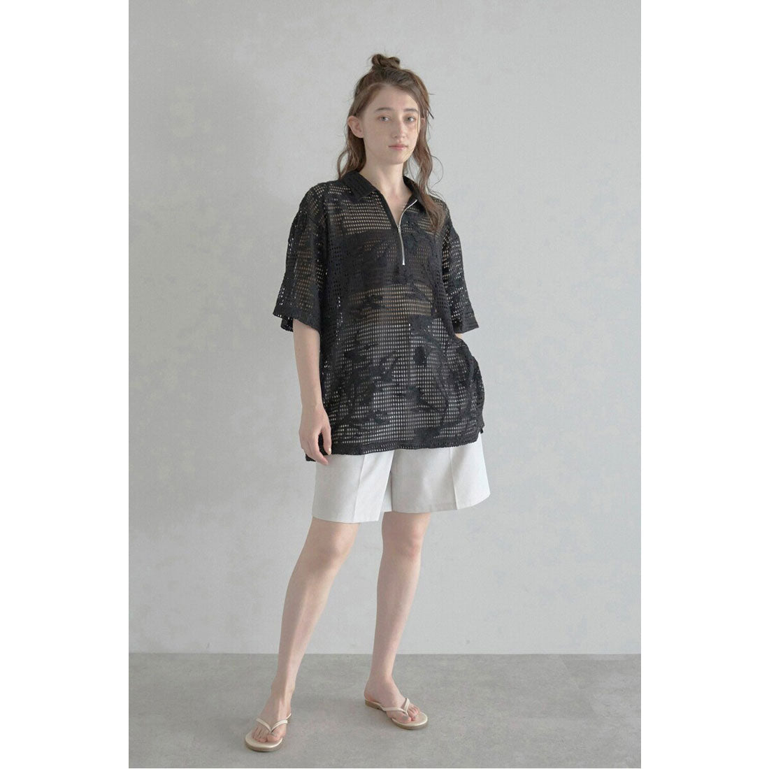 ボンジュールサガン BONJOUR SAGAN flower embroidery half zip mesh shirt / フラワー刺繍ハーフジップメッシュシャツ (BLACK) BLACK
