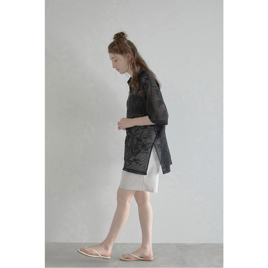 ボンジュールサガン BONJOUR SAGAN flower embroidery half zip mesh shirt / フラワー刺繍ハーフジップメッシュシャツ (BLACK) BLACK