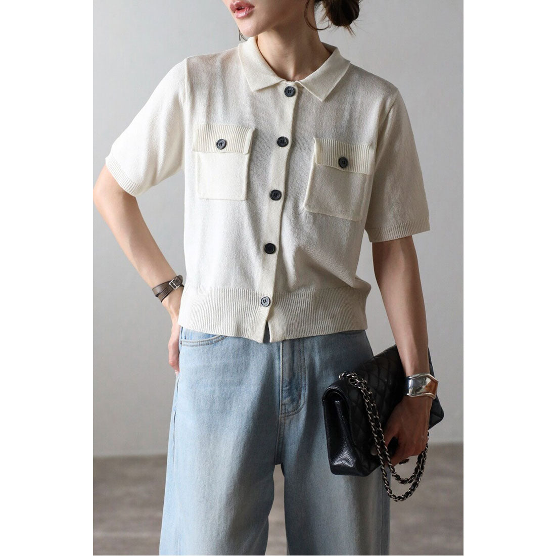 ボンジュールサガン BONJOUR SAGAN 麻タッチコンパクトポロカーデ (LIGHT-BLACK) LIGHT-BLACK