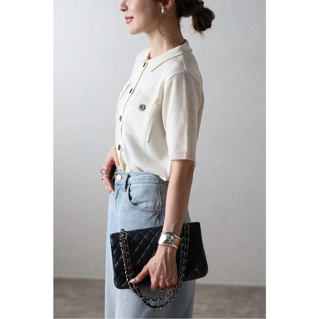 ボンジュールサガン BONJOUR SAGAN 麻タッチコンパクトポロカーデ (LIGHT-BLACK) LIGHT-BLACK