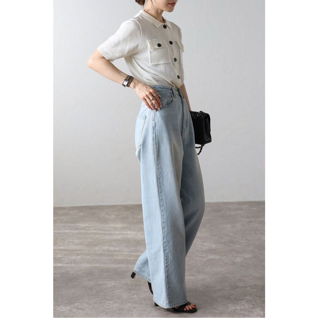 ボンジュールサガン BONJOUR SAGAN 麻タッチコンパクトポロカーデ (LIGHT-BLACK) LIGHT-BLACK