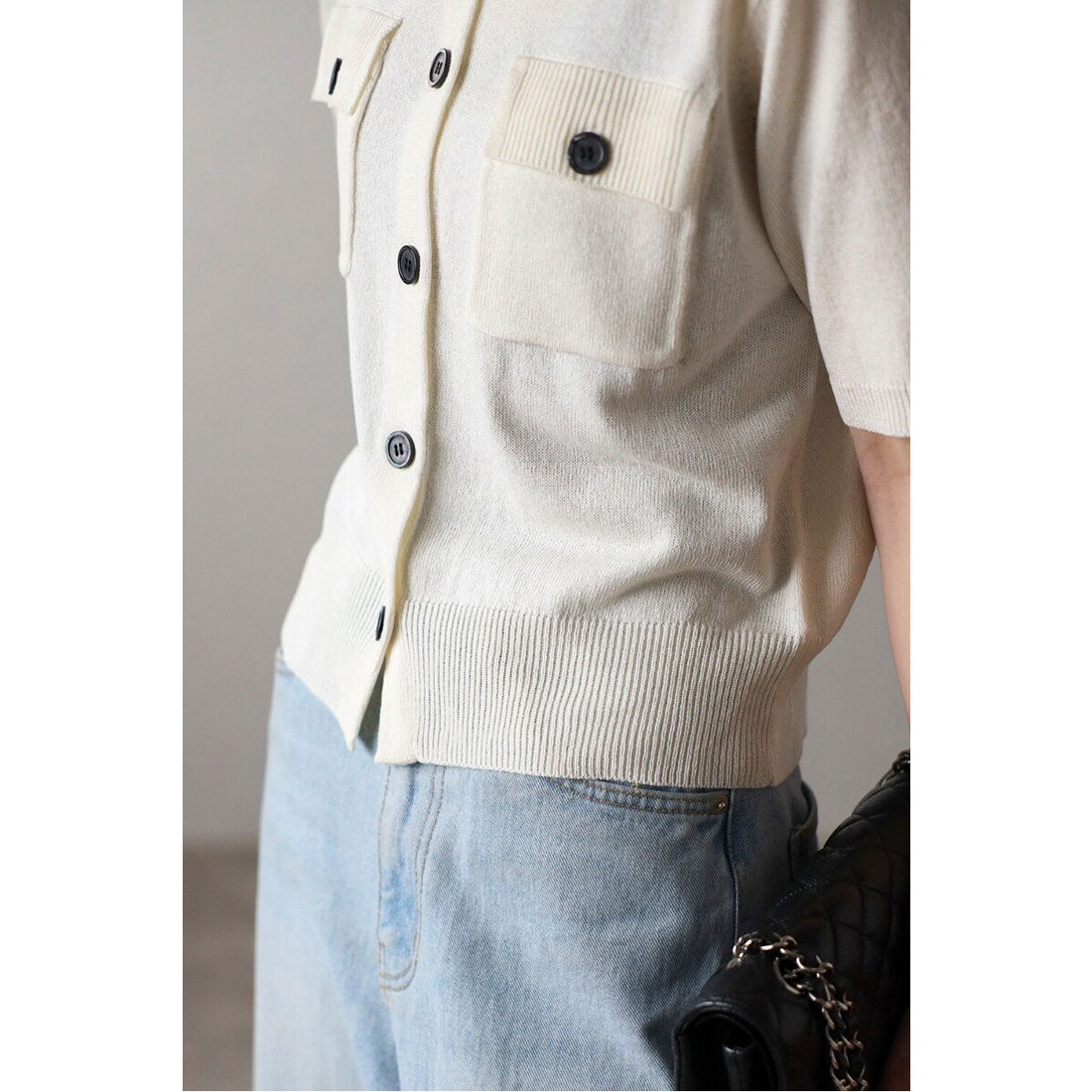 ボンジュールサガン BONJOUR SAGAN 麻タッチコンパクトポロカーデ (LIGHT-BLACK) LIGHT-BLACK