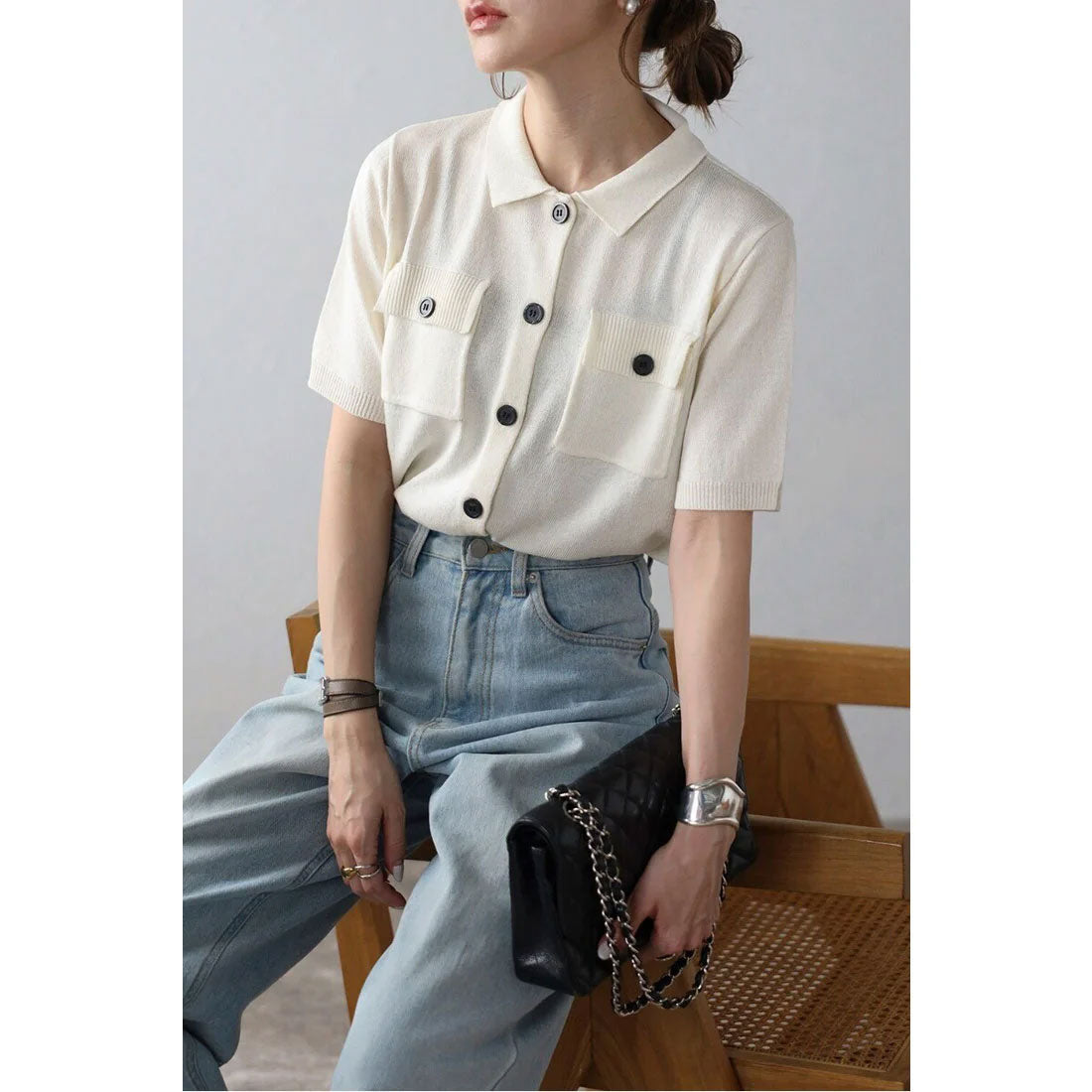 ボンジュールサガン BONJOUR SAGAN 麻タッチコンパクトポロカーデ (IVORY) IVORY