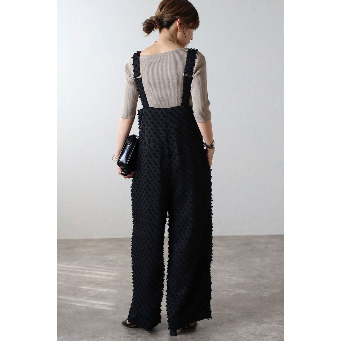 ボンジュールサガン BONJOUR SAGAN ドットジャガードハイウエストサロペット (BLACK) BLACK