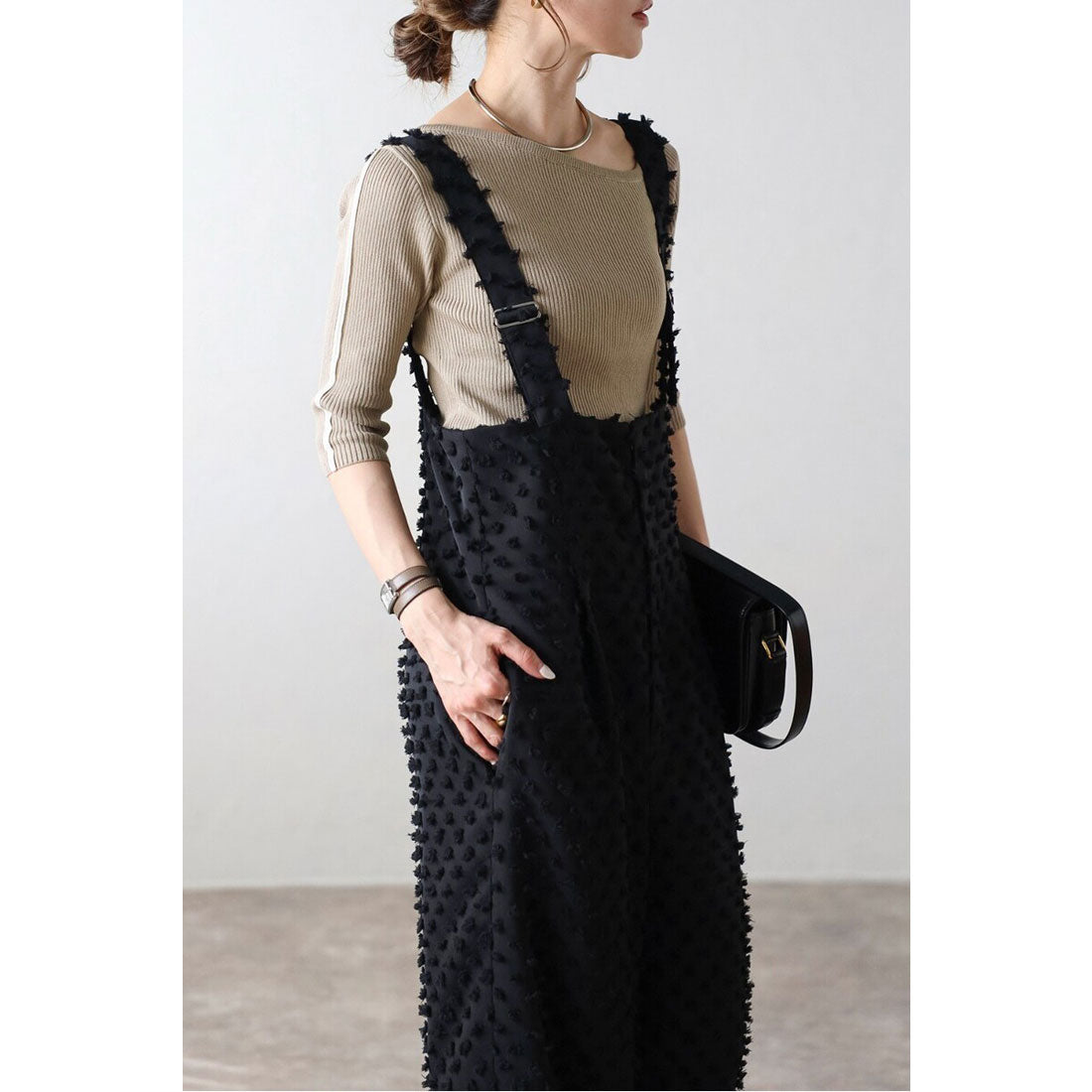 ボンジュールサガン BONJOUR SAGAN ドットジャガードハイウエストサロペット (BLACK) BLACK