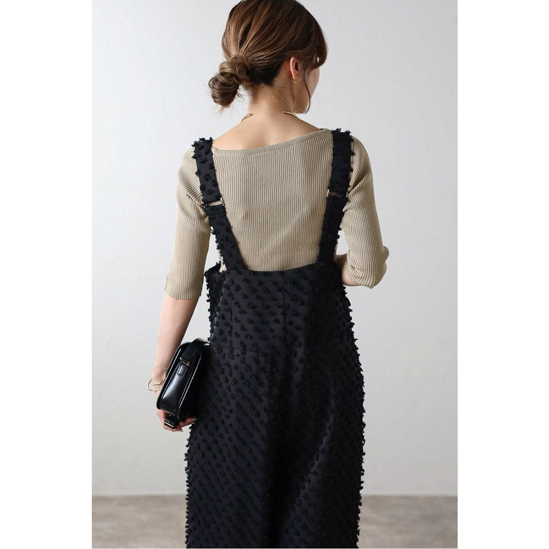 ボンジュールサガン BONJOUR SAGAN ドットジャガードハイウエストサロペット (BLACK) BLACK