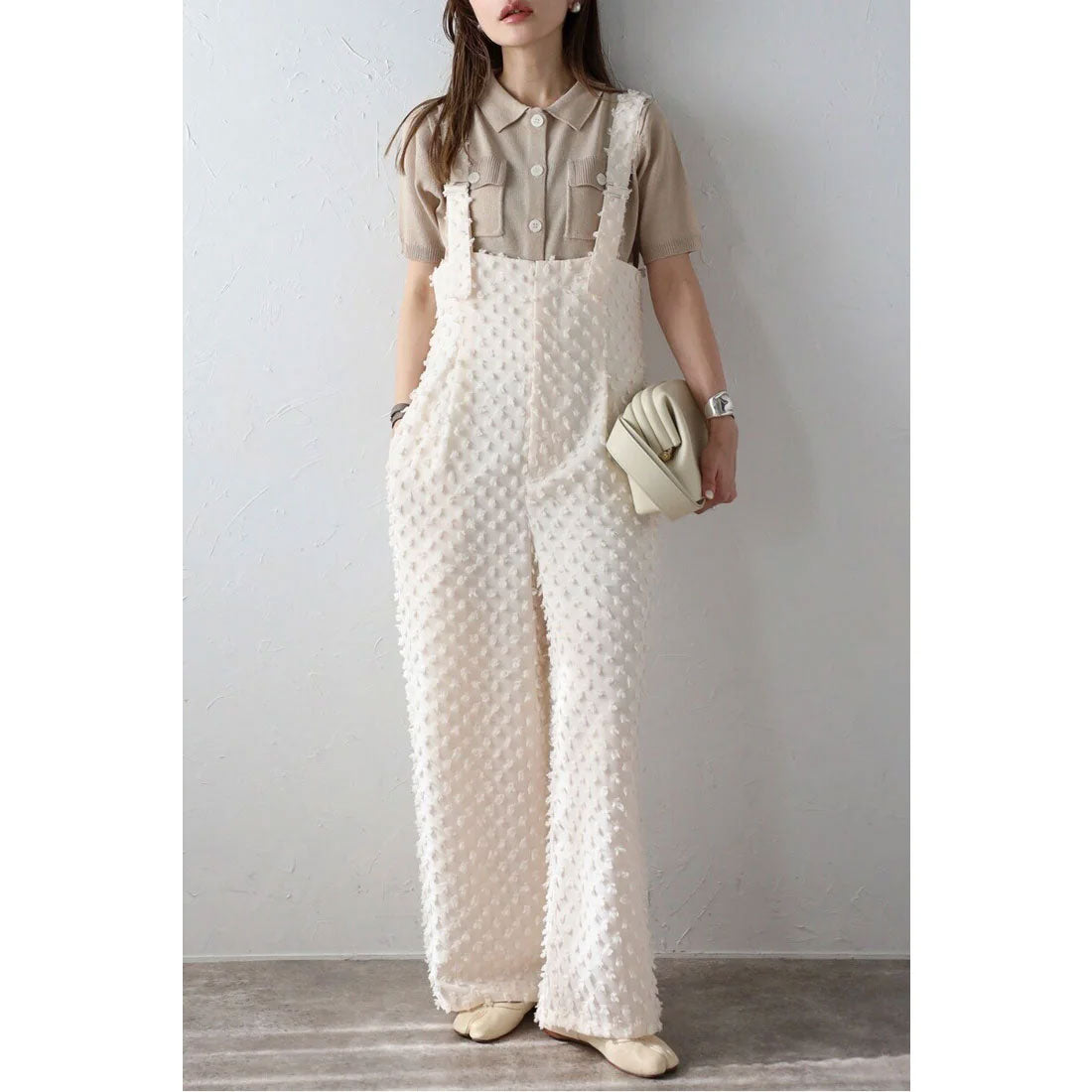 ボンジュールサガン BONJOUR SAGAN ドットジャガードハイウエストサロペット (IVORY) IVORY