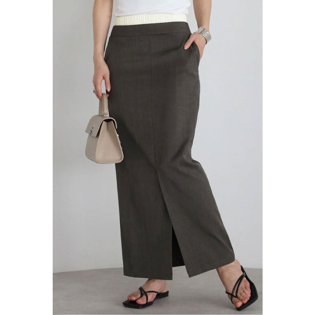 ボンジュールサガン BONJOUR SAGAN front slit double waist slacks skirt / フロントスリットダブルウエストスラックススカート (CHARCOAL-GRAY) CHARCOAL-GRAY