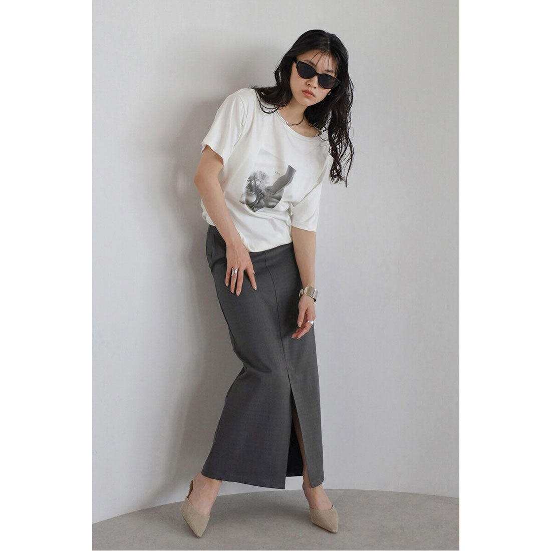 ボンジュールサガン BONJOUR SAGAN front slit double waist slacks skirt / フロントスリットダブルウエストスラックススカート (CHARCOAL-GRAY) CHARCOAL-GRAY