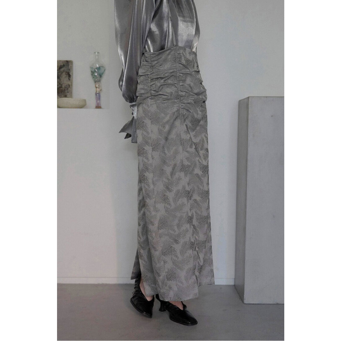 ボンジュールサガン BONJOUR SAGAN 【オケージョン】 jacquard shirring suspender skirt / ジャガードシャーリングサスペンダースカート (GRAY) GRAY